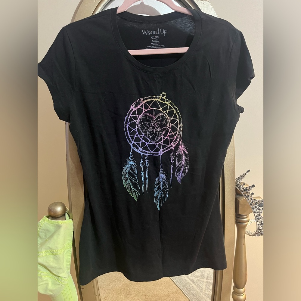 Women’s Black Tee with Pastel Rainbow Dreamcatcher